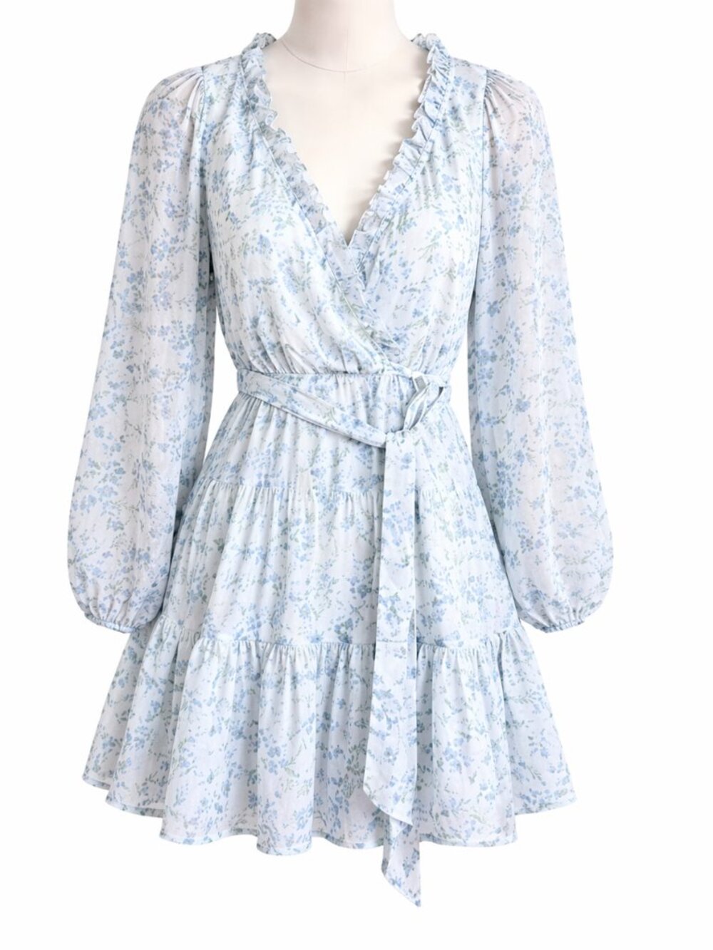 Here Comes The Sun Floral Mini Dress XS Blue Cottagecore Wrap Puff Sleeve Spring